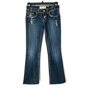 MEK Denim Women's Capri Bootcut Jeans Size 28 Dark Wash Distressed Red Stitching